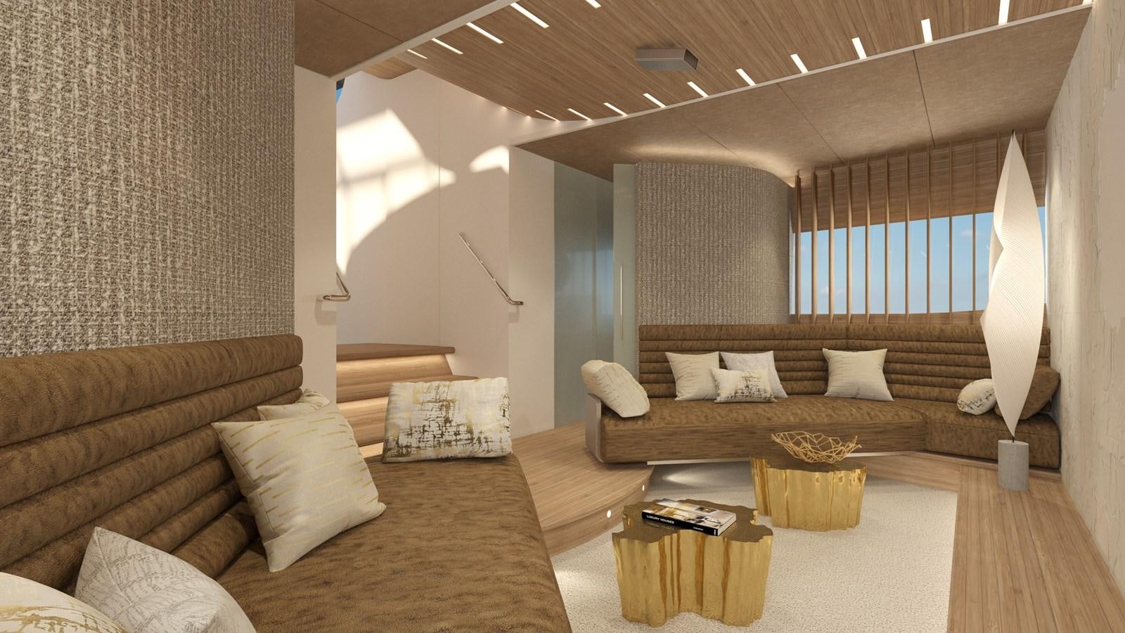 a living room with a couch and a table aboard EDGE - XSR 85 #NB201 Yacht for Sale