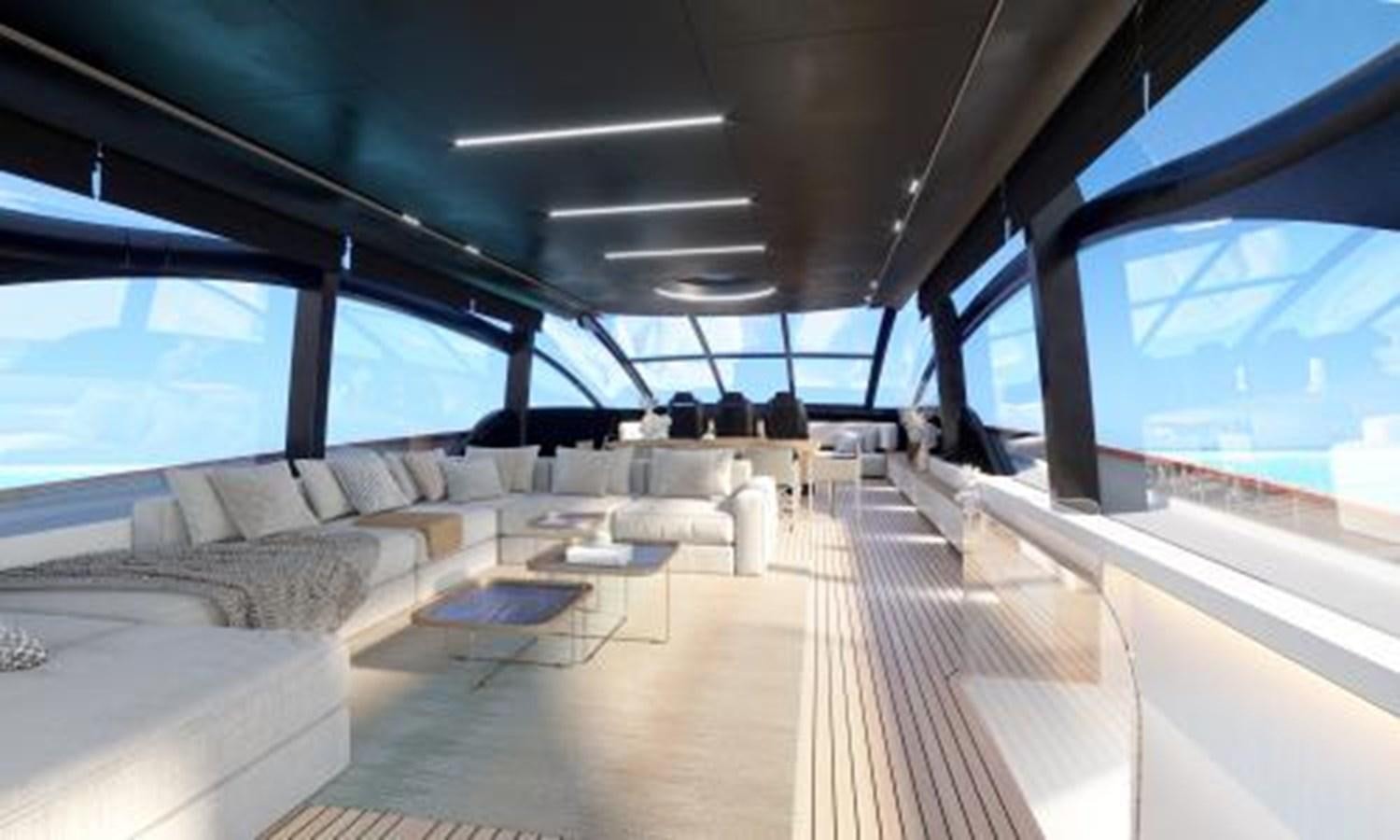 inside of a building with a large window and a view of the water aboard G96 SPORT Yacht for Sale