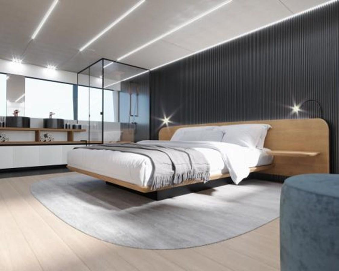 a modern bedroom with a glass wall aboard G96 SPORT Yacht for Sale