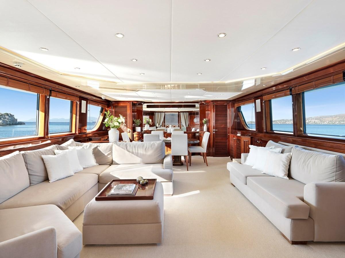a living room with a large window aboard MIA ZOI Yacht for Sale