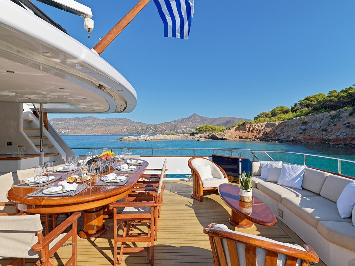 a table set for a meal on a boat aboard MIA ZOI Yacht for Sale