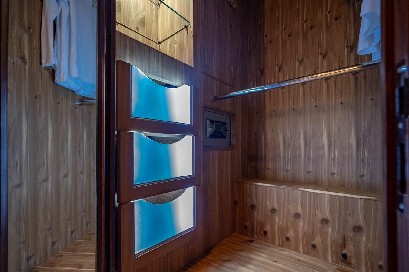 a wood cabin with a window aboard PICO Yacht for Sale