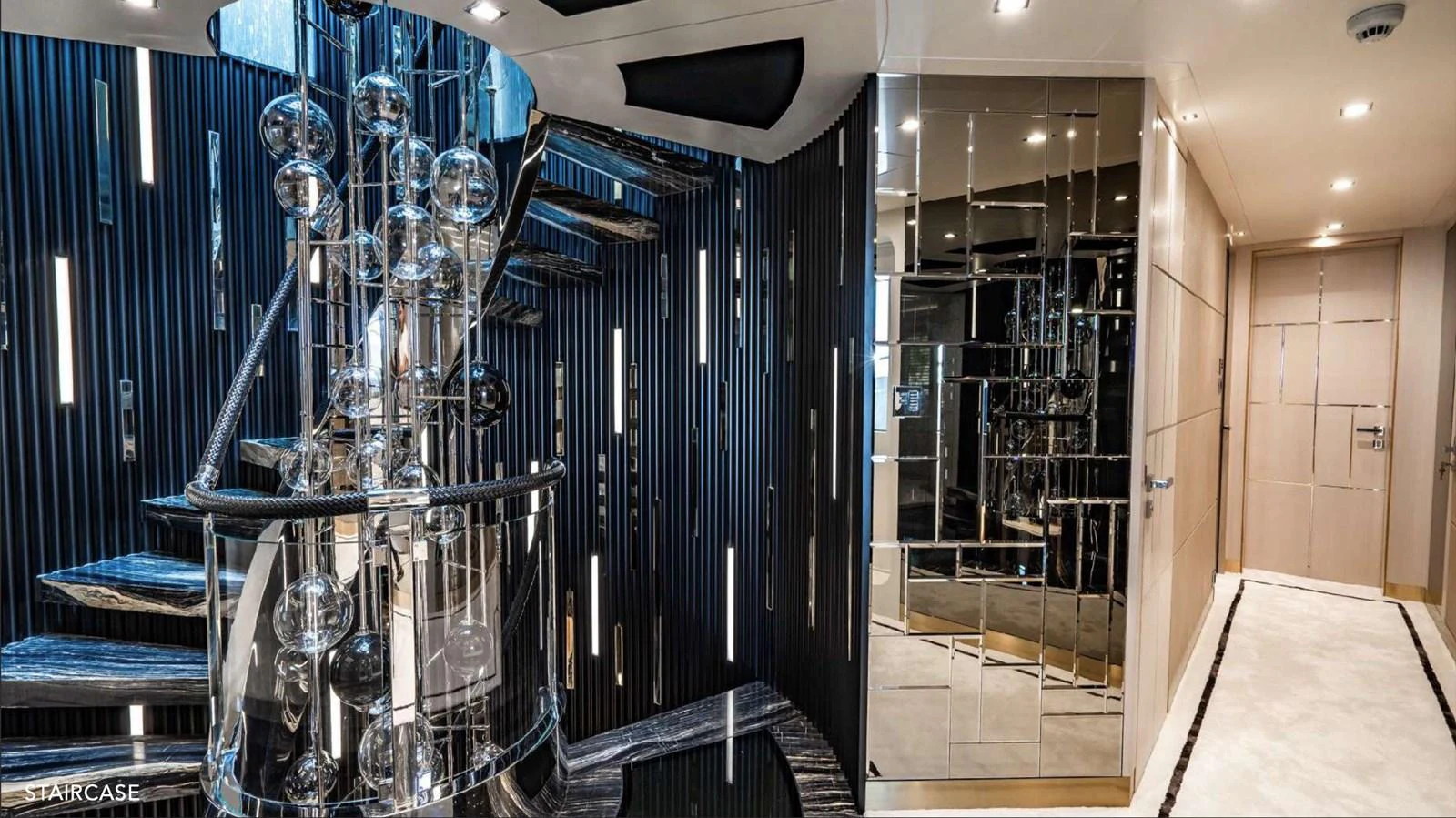 a room with blue lighting aboard MOONRAKER Yacht for Sale