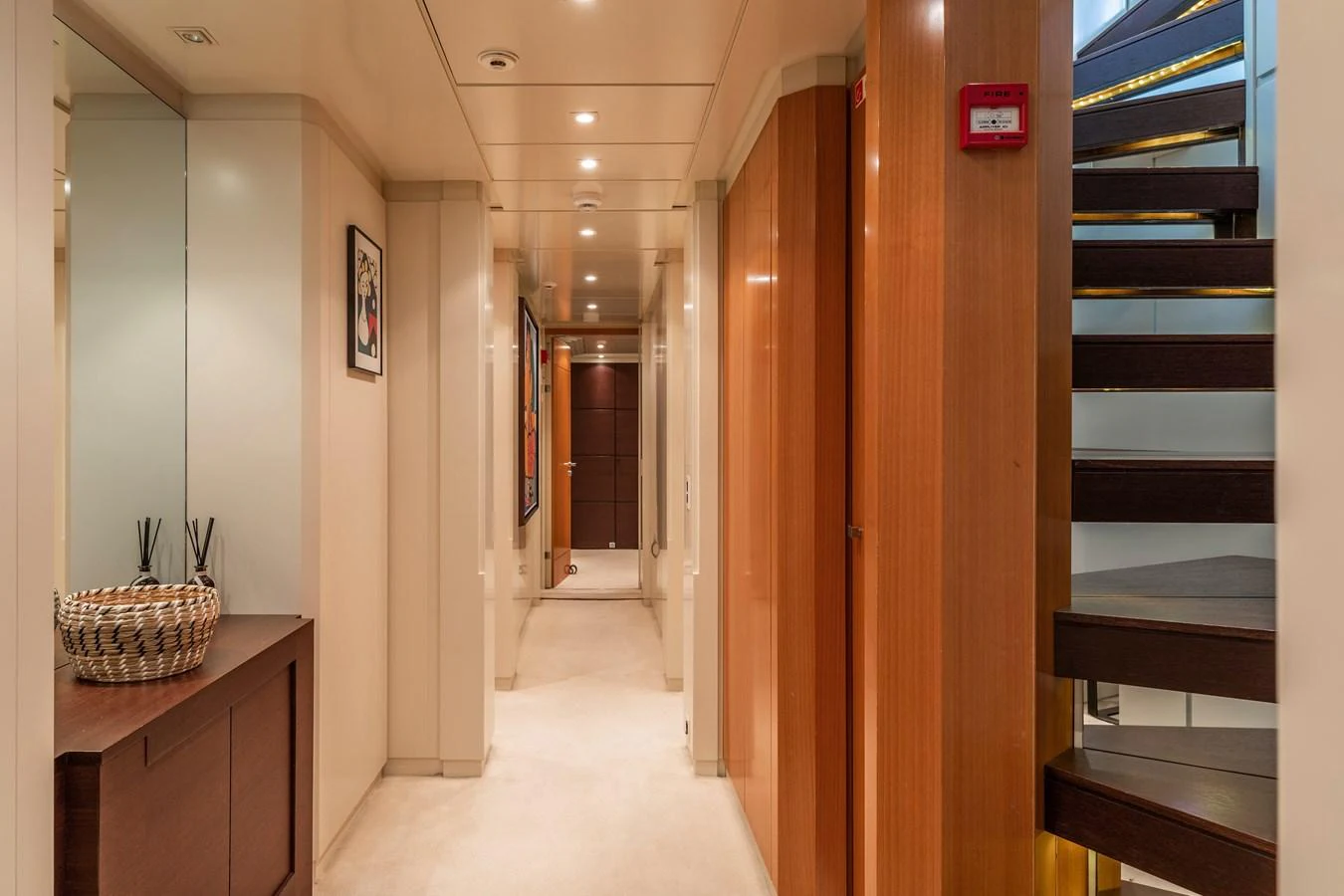 a hallway with a large mirror aboard ROLA Yacht for Sale