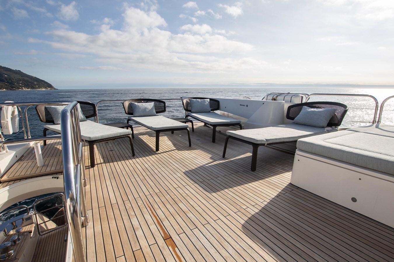 a deck with a view of the ocean and a few chairs aboard ROSSO Yacht for Sale