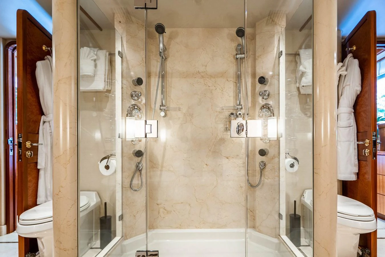 a bathroom with a shower and toilet aboard SEAQUEST Yacht for Sale