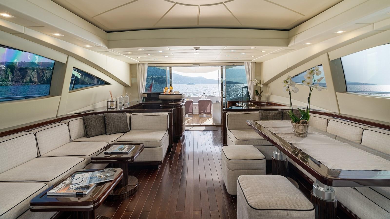 a room with a couch and a table and a tv aboard DEVA I Yacht for Sale