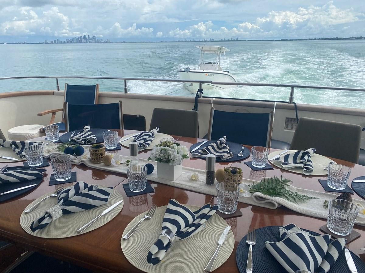 a table with plates and glasses on it aboard TAKA TAKA III Yacht for Sale