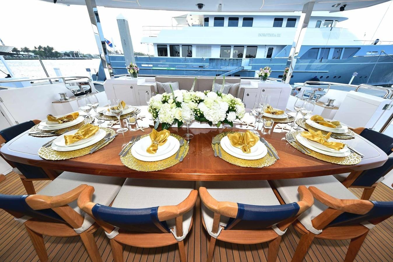 a table with plates of food aboard FREEDOM Yacht for Sale