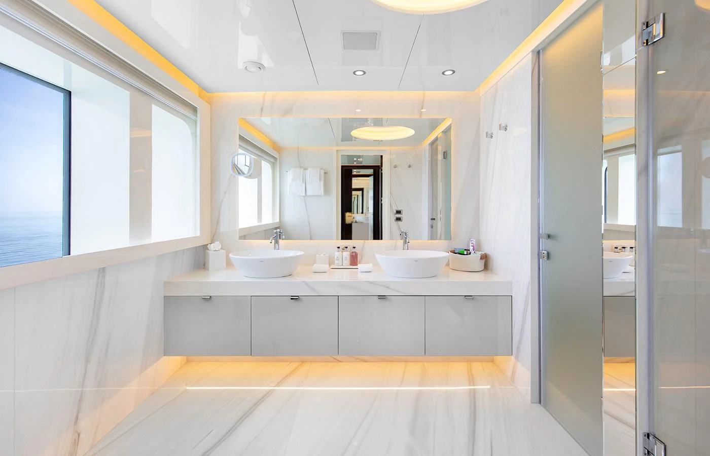 a bathroom with sinks and mirrors aboard MYSTIC Yacht for Charter
