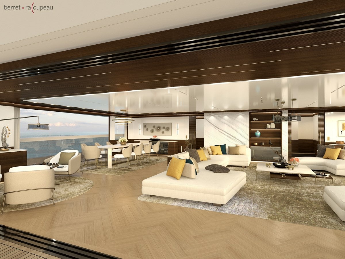 a modern living room with a large open window aboard ZEFFIRO 150' Yacht for Sale
