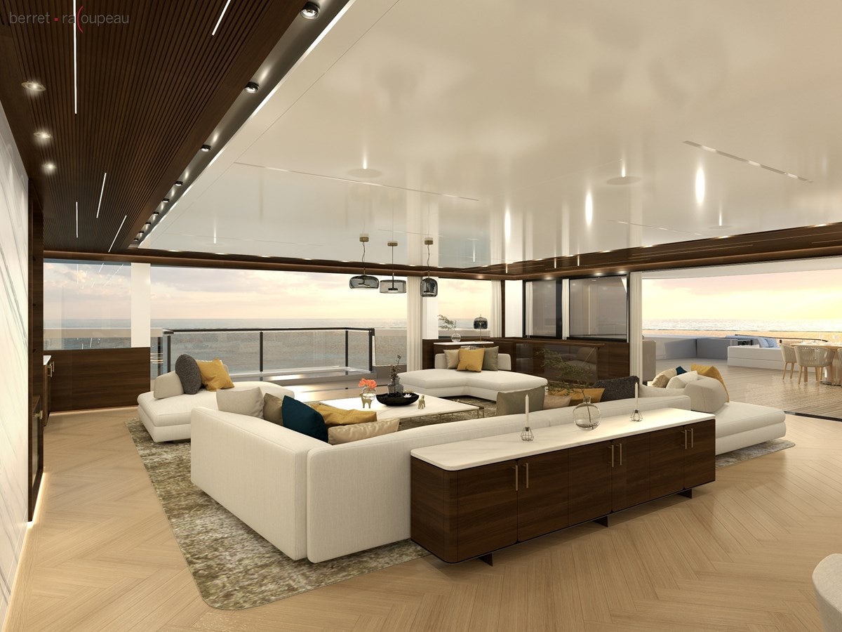 a modern living room with a large open floor plan aboard ZEFFIRO 150' Yacht for Sale
