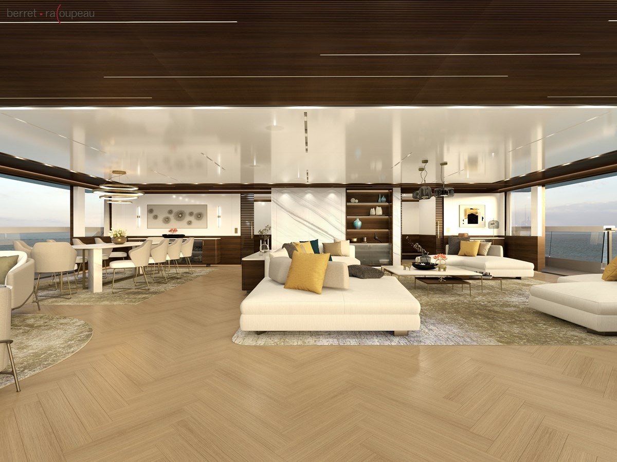 a large living room with a large window aboard ZEFFIRO 150' Yacht for Sale