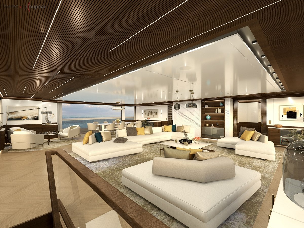 a modern looking living room aboard ZEFFIRO 150' Yacht for Sale