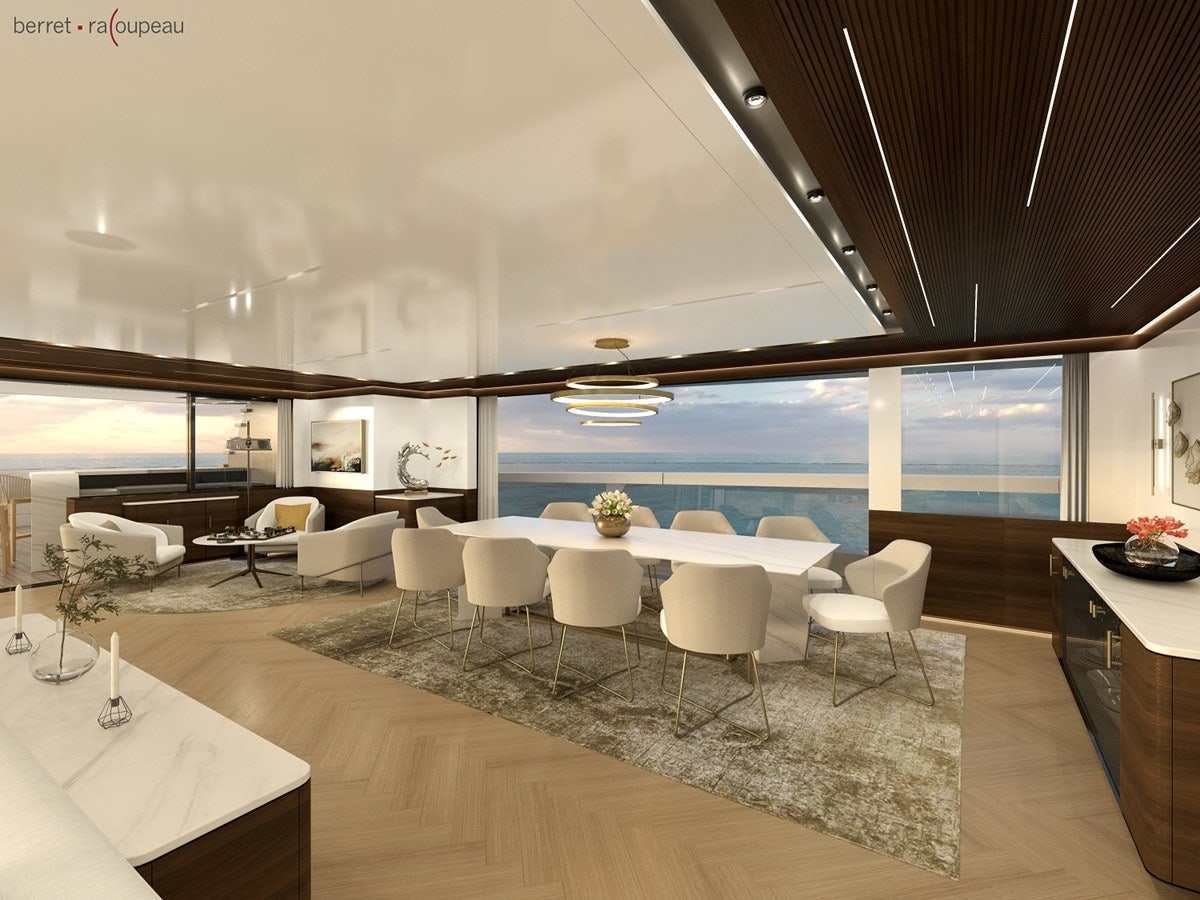 a room with tables and chairs aboard ZEFFIRO 150' Yacht for Sale