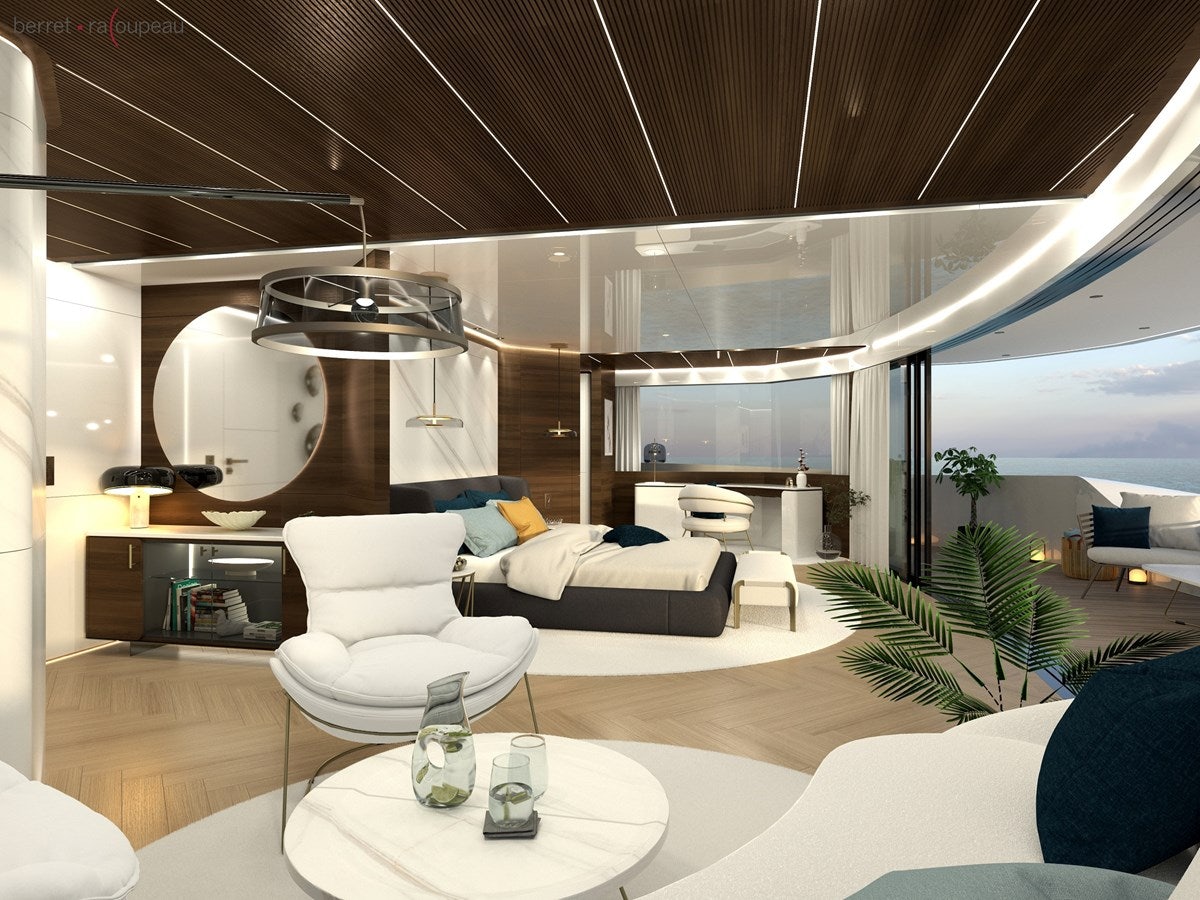 a modern living room with a large glass ceiling aboard ZEFFIRO 150' Yacht for Sale