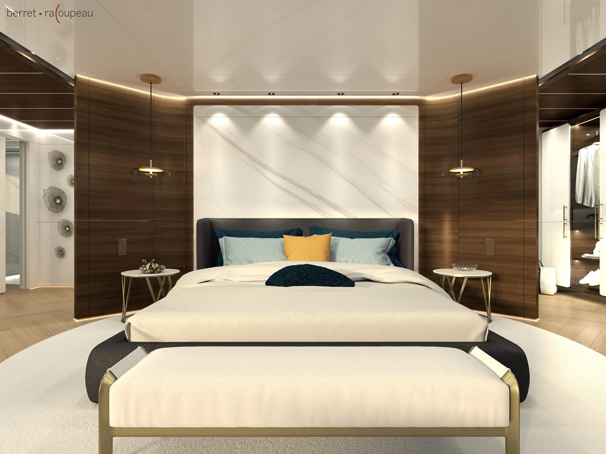 a large bed in a room aboard ZEFFIRO 150' Yacht for Sale