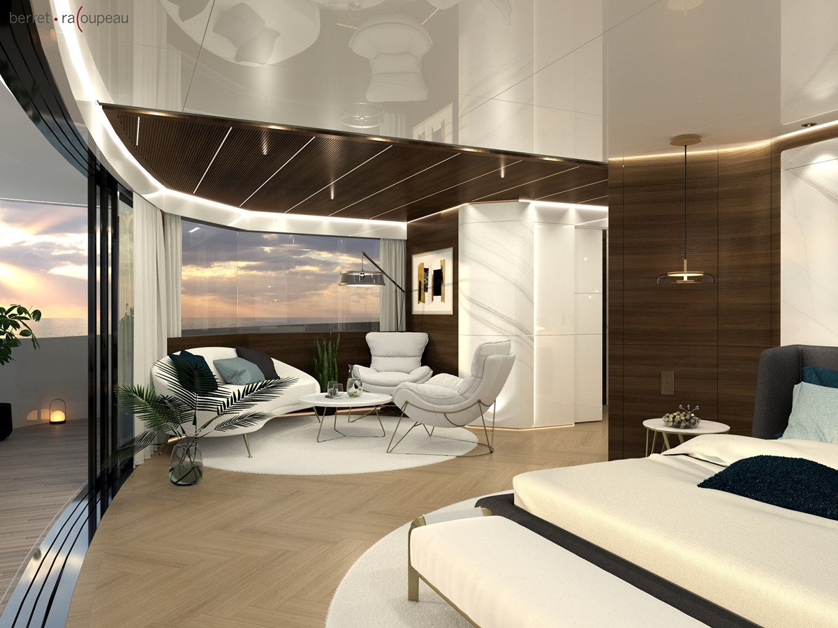 a room with a bed and a couch aboard ZEFFIRO 150' Yacht for Sale