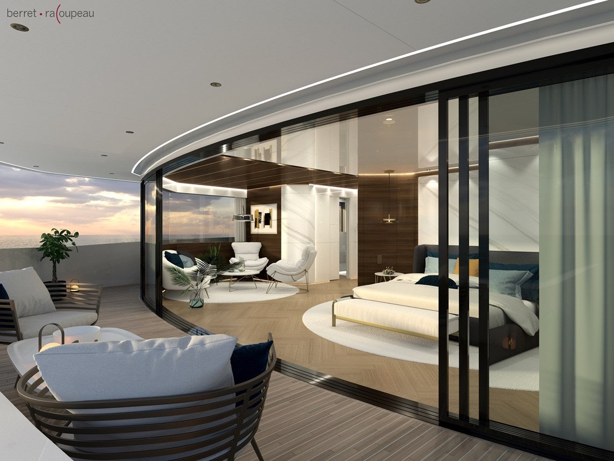 a modern bedroom with a glass wall aboard ZEFFIRO 150' Yacht for Sale