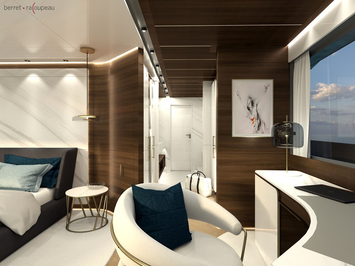 a room with a bed and a desk aboard ZEFFIRO 150' Yacht for Sale
