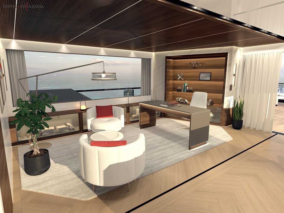 a modern living room with a large window aboard ZEFFIRO 150' Yacht for Sale