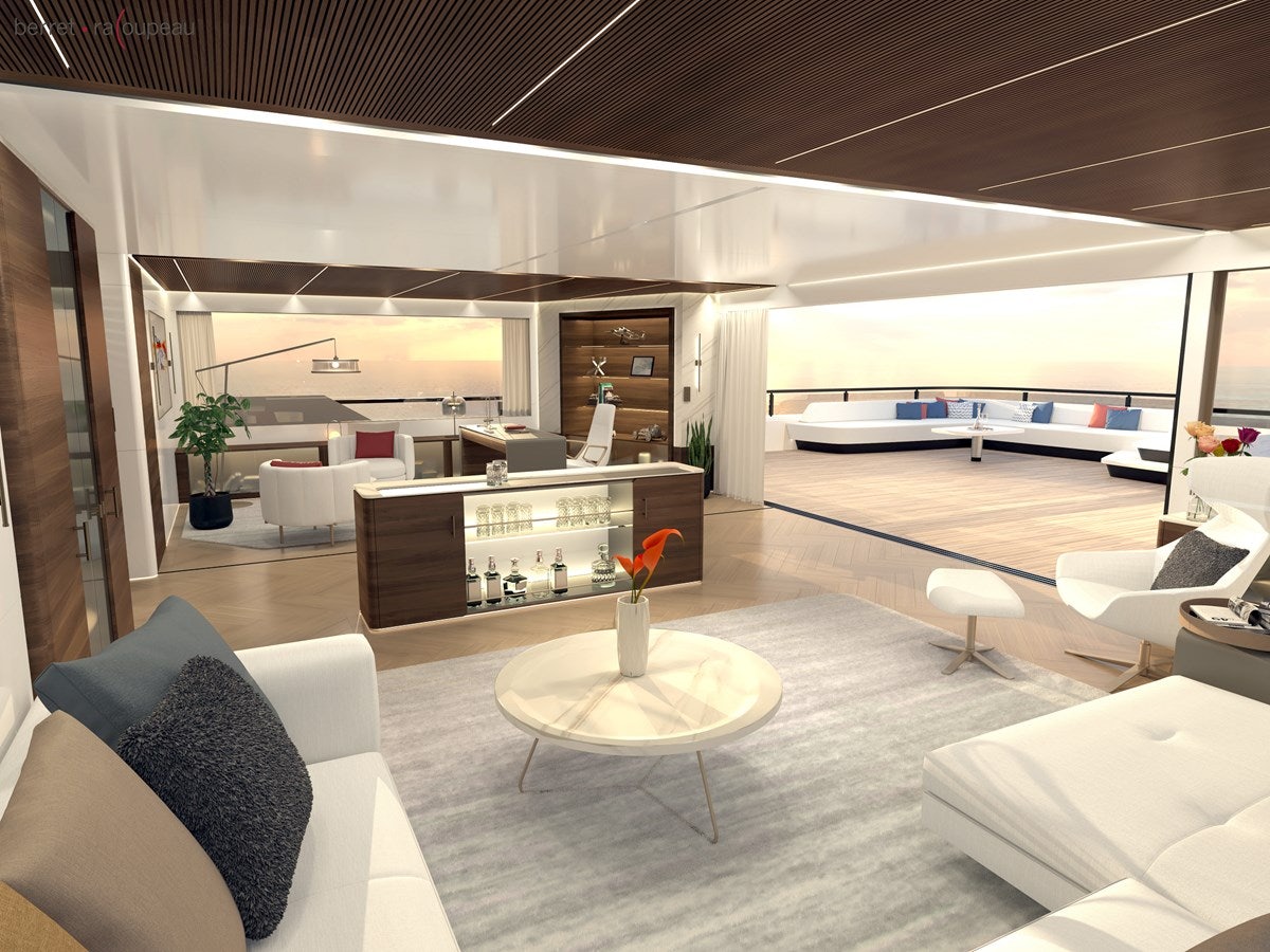 a modern living room with a glass coffee table aboard ZEFFIRO 150' Yacht for Sale