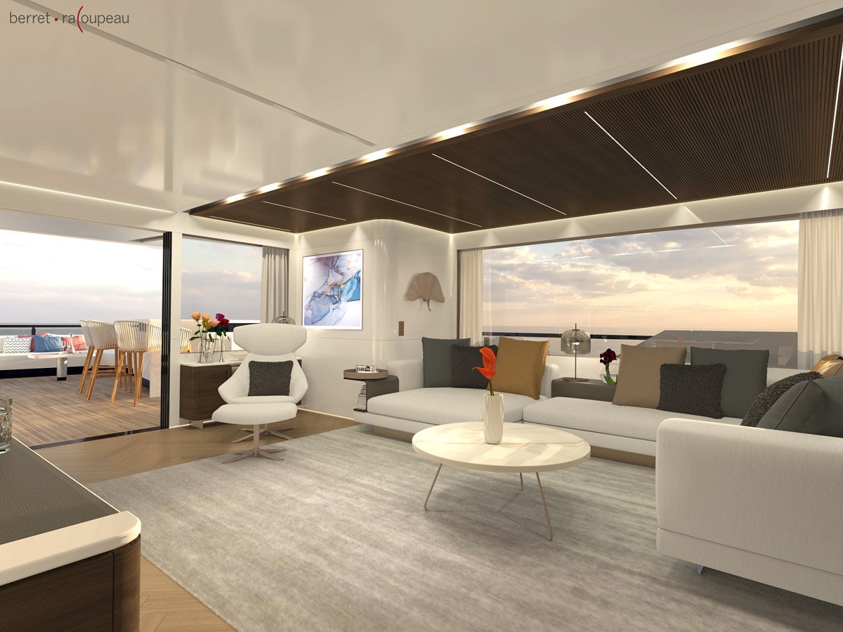 a room with a couch and a table and a tv aboard ZEFFIRO 150' Yacht for Sale