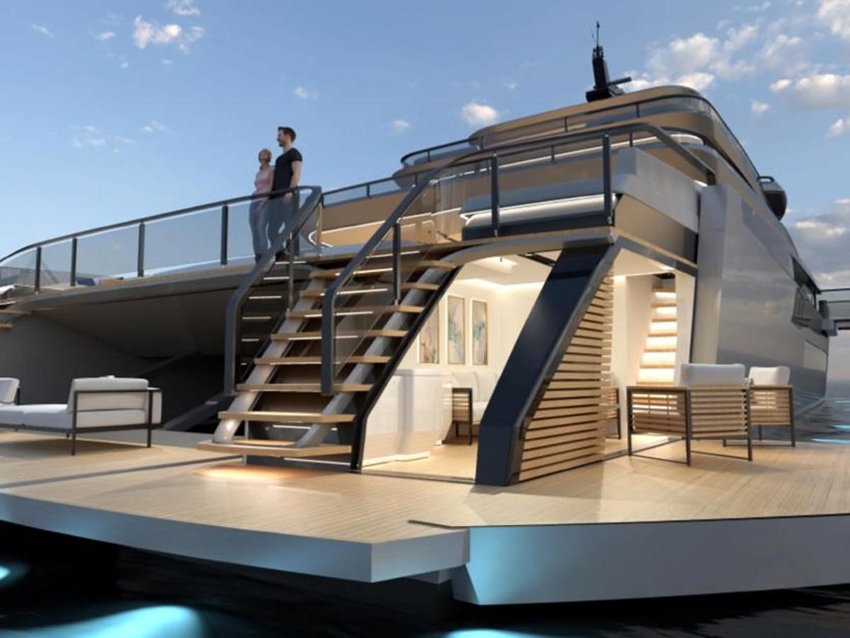 a person standing on a staircase aboard ZEFFIRO 150' Yacht for Sale