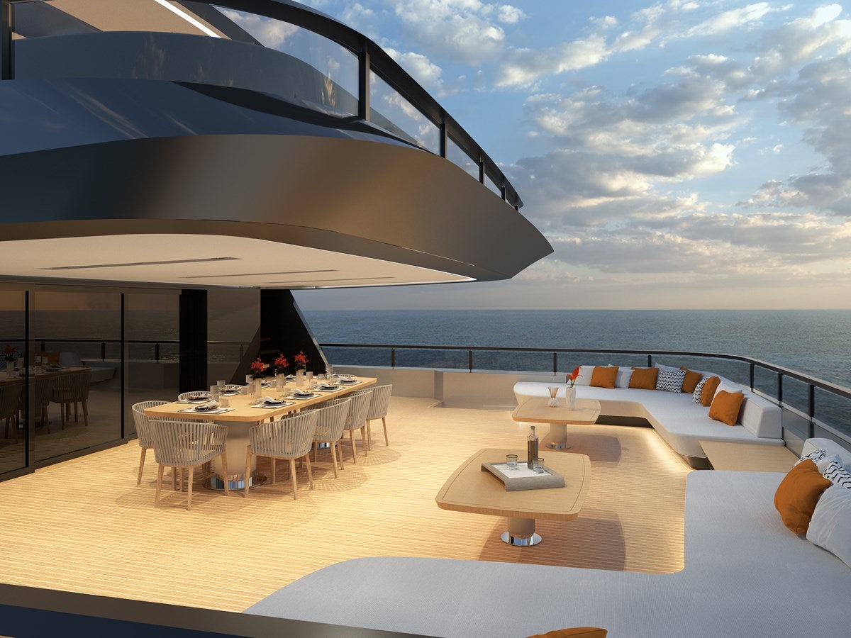a modern living room with a fireplace aboard ZEFFIRO 130' Yacht for Sale