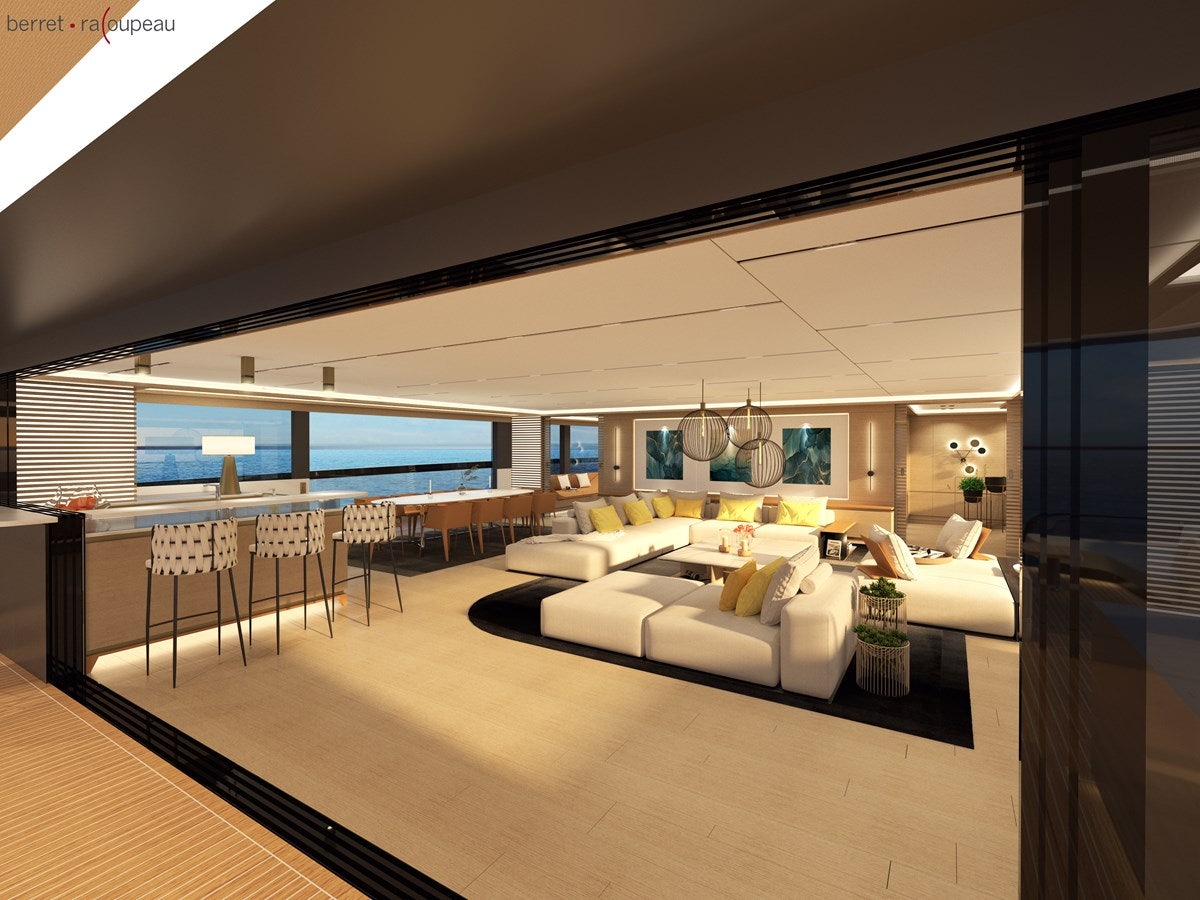 a living room with a large window aboard ZEFFIRO 130' Yacht for Sale