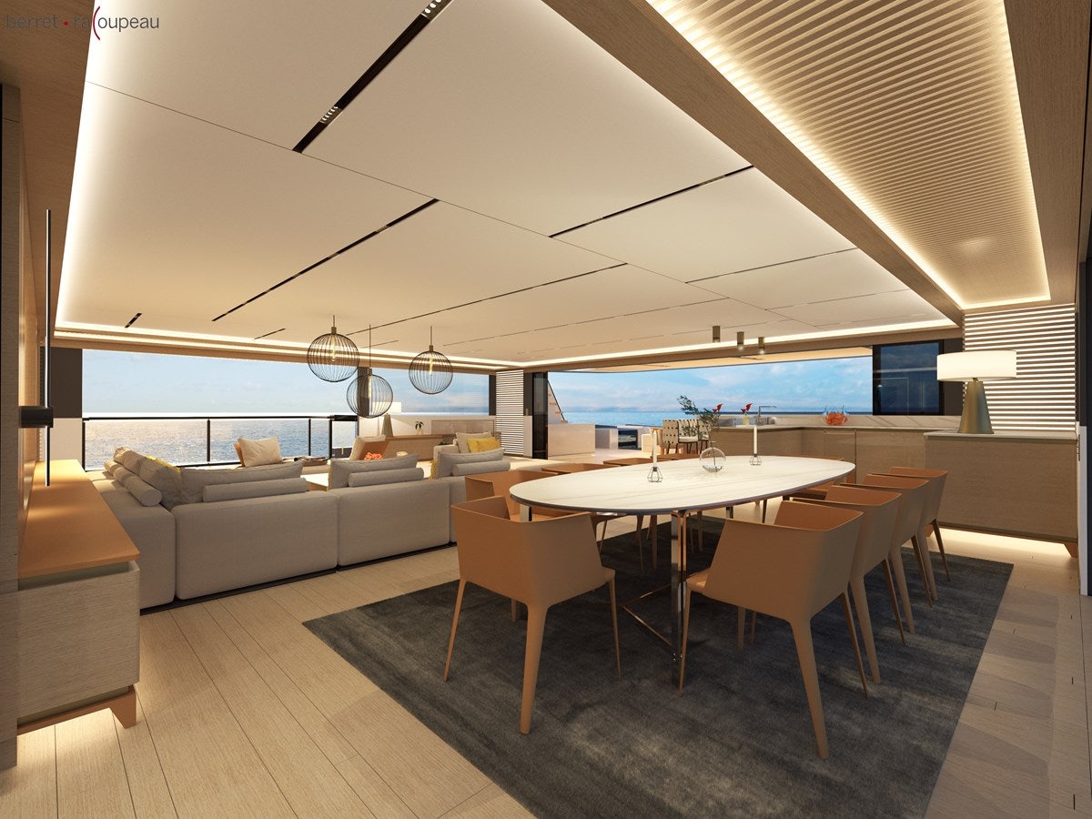 a room with a table and chairs aboard ZEFFIRO 130' Yacht for Sale