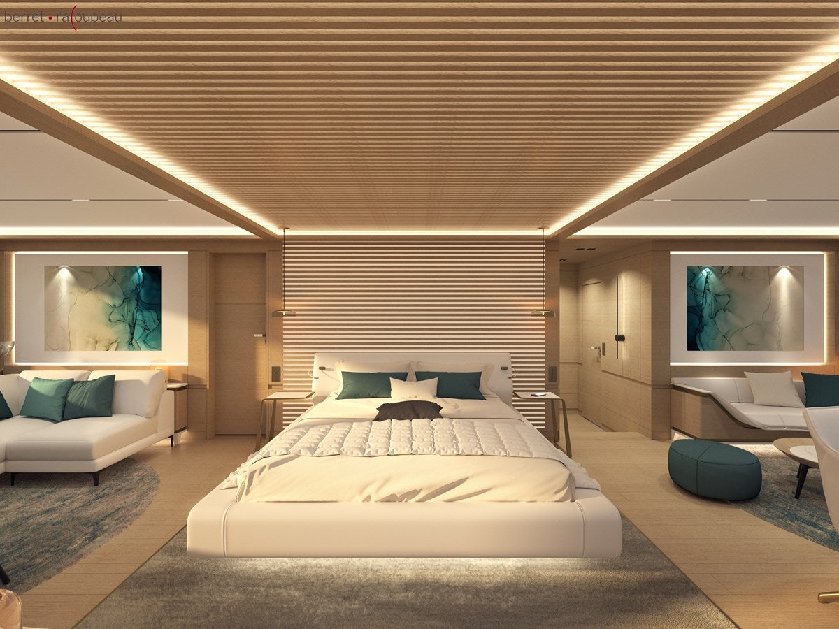 a large bedroom with a bed aboard ZEFFIRO 130' Yacht for Sale