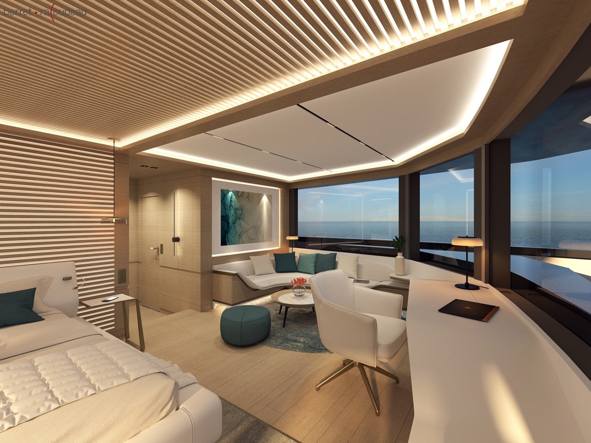 a room with a bed and a desk aboard ZEFFIRO 130' Yacht for Sale