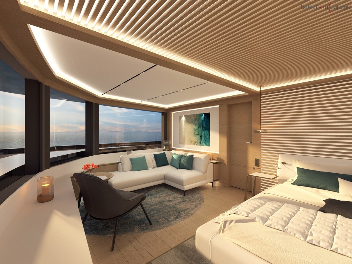 a room with a bed and a chair aboard ZEFFIRO 130' Yacht for Sale