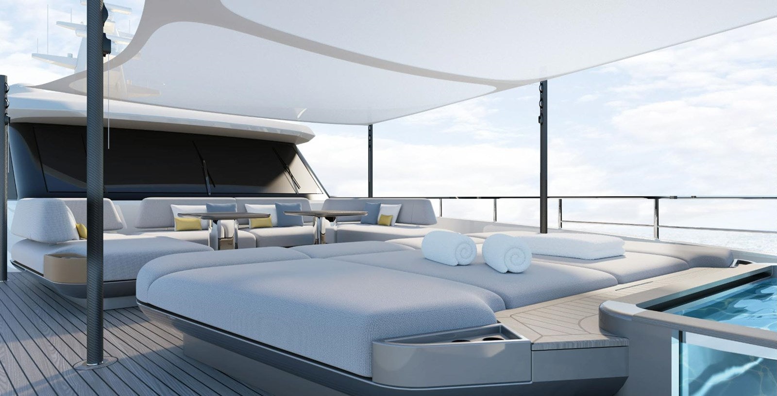 a room with a bed and a white canopy aboard COOL Yacht for Sale