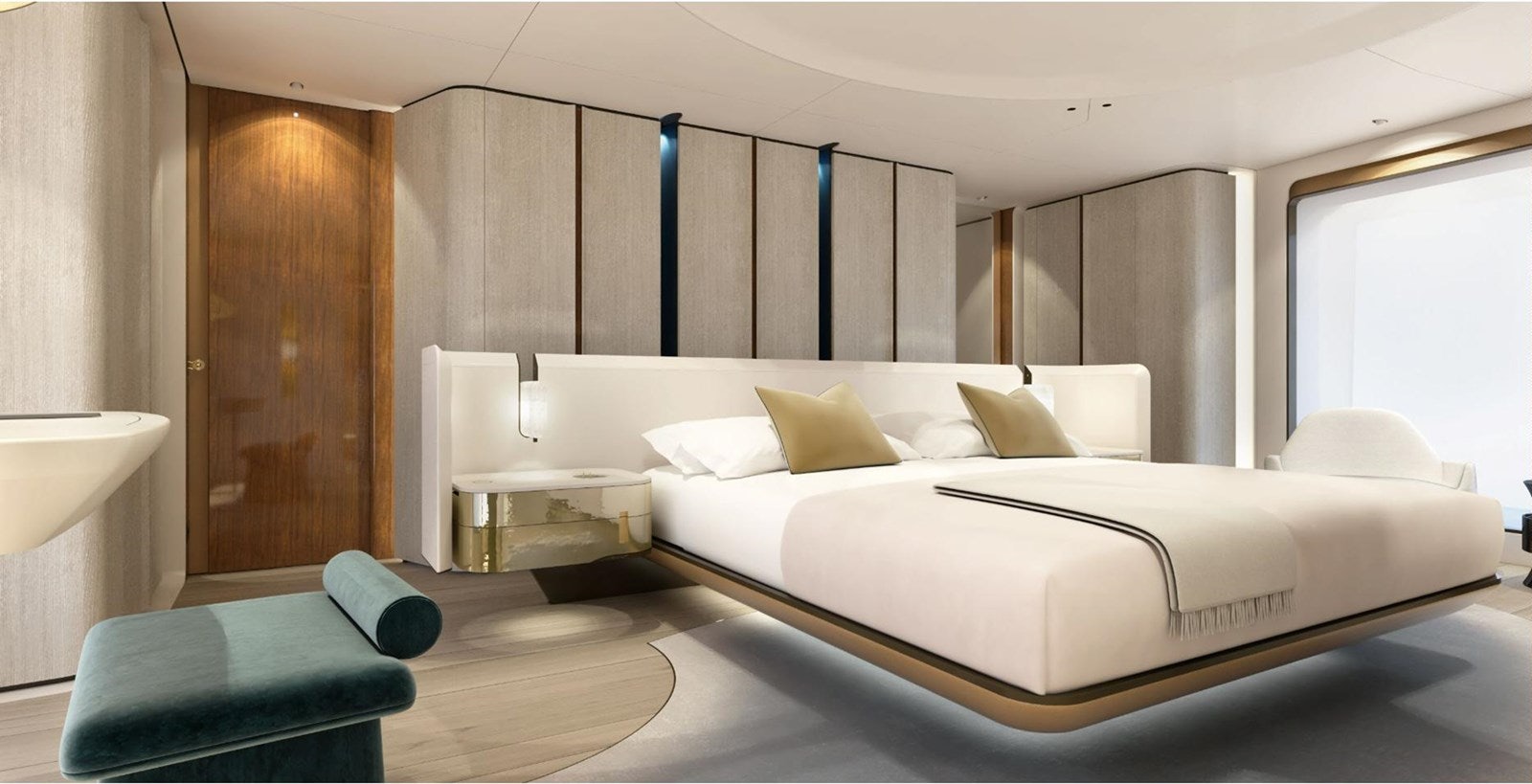 a large bed in a room aboard COOL Yacht for Sale