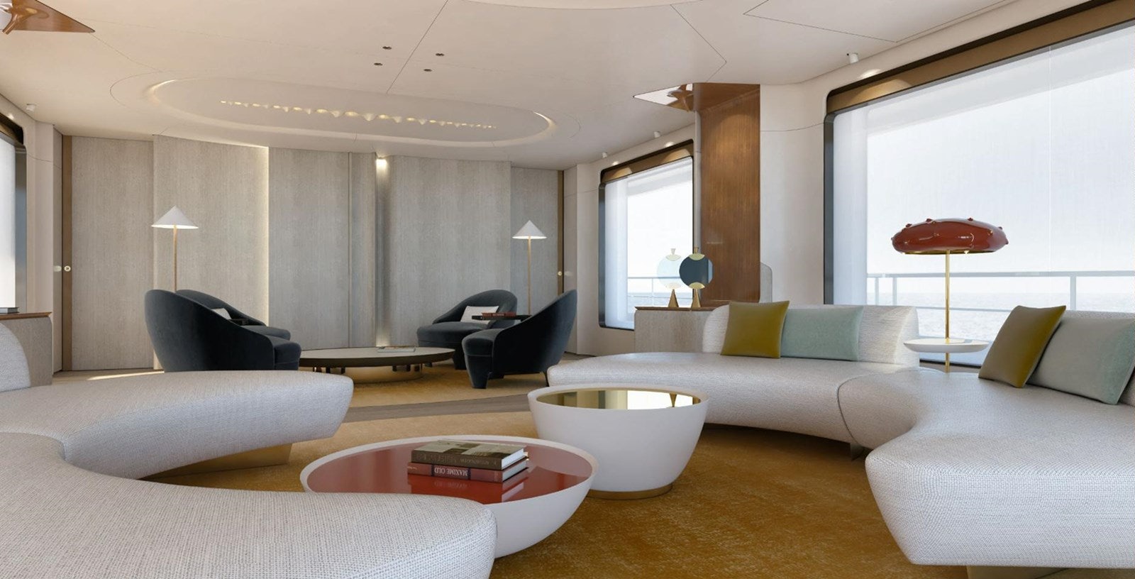 a living room with a couch and a table aboard COOL Yacht for Sale