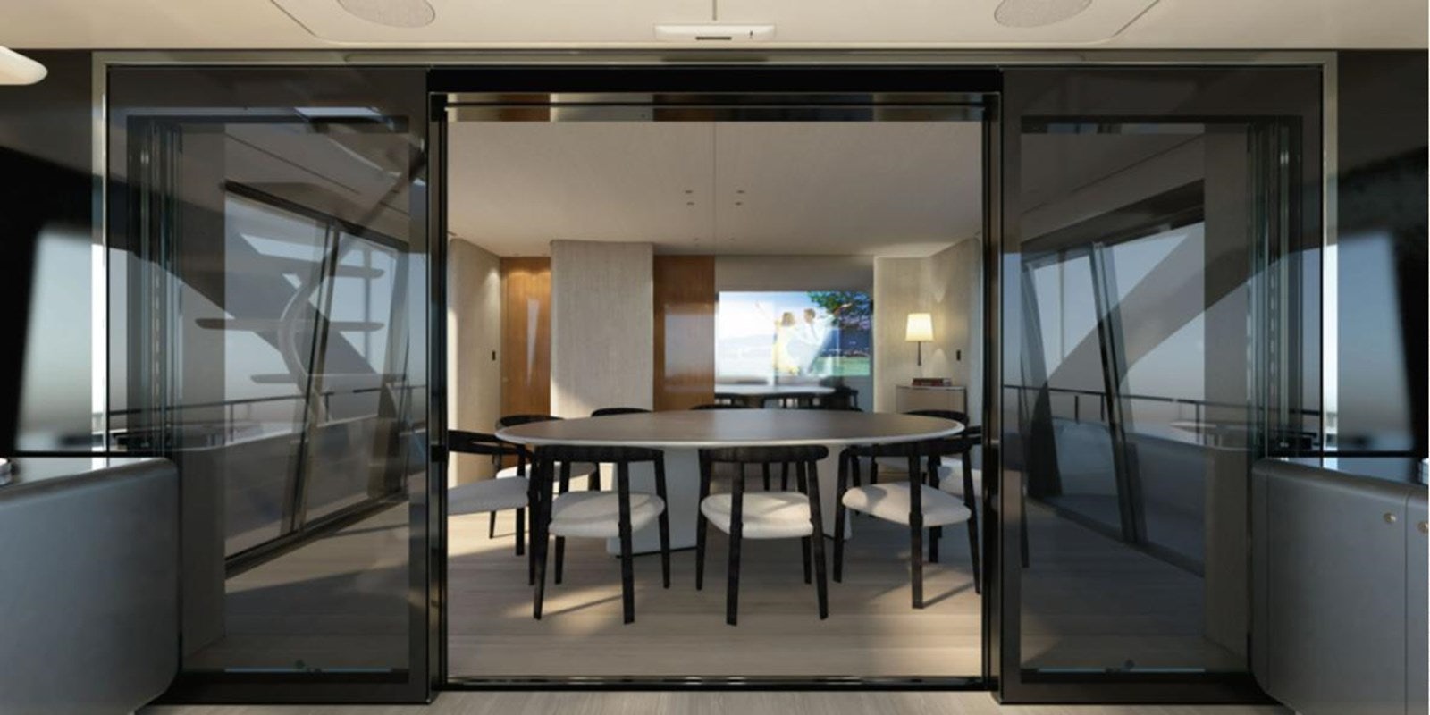 a room with a table and chairs aboard COOL Yacht for Sale