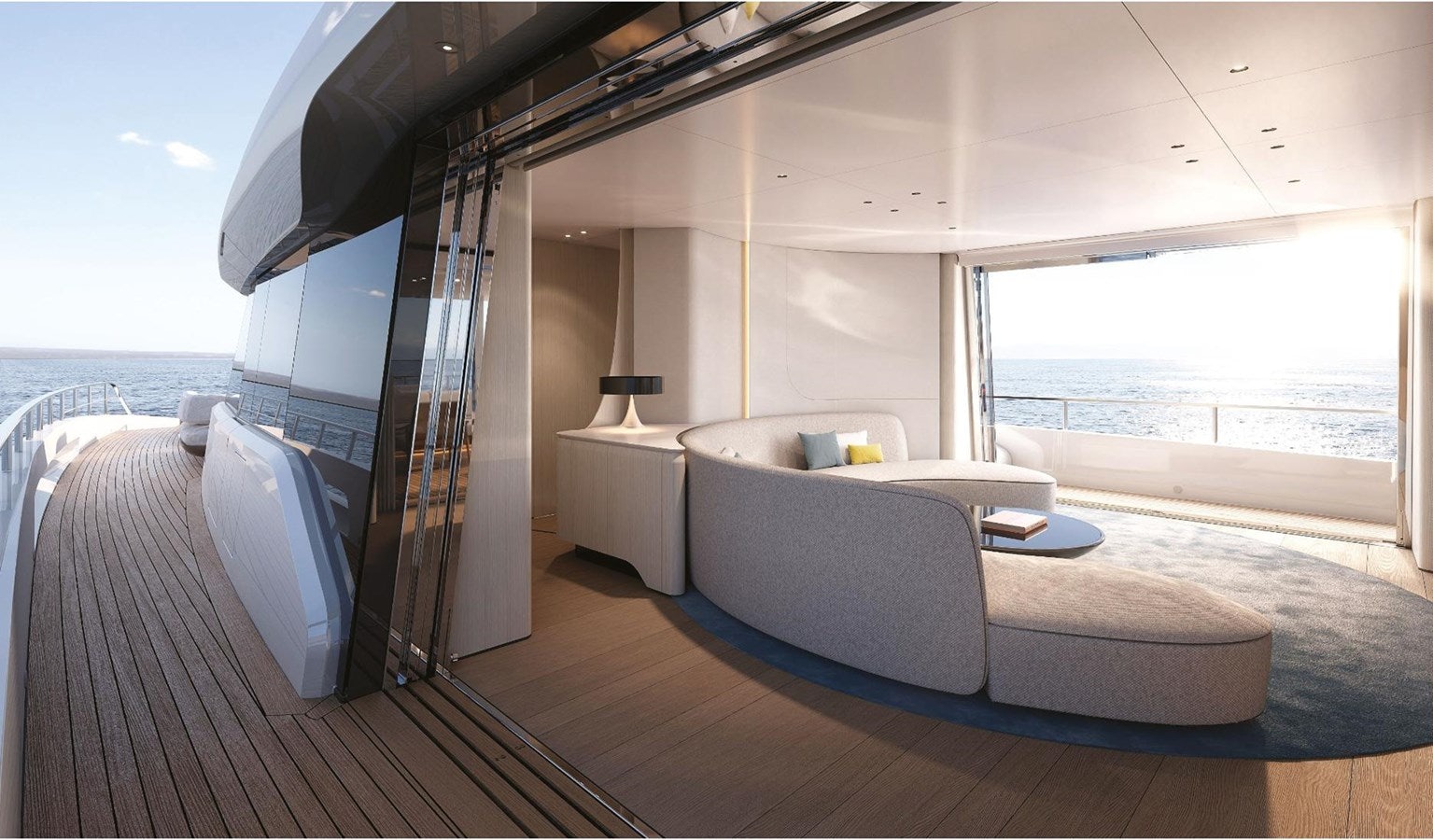 a room with a couch and a table on a deck aboard COOL Yacht for Sale