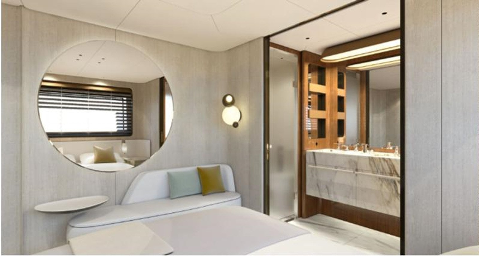 a room with a bed and a mirror aboard COOL Yacht for Sale