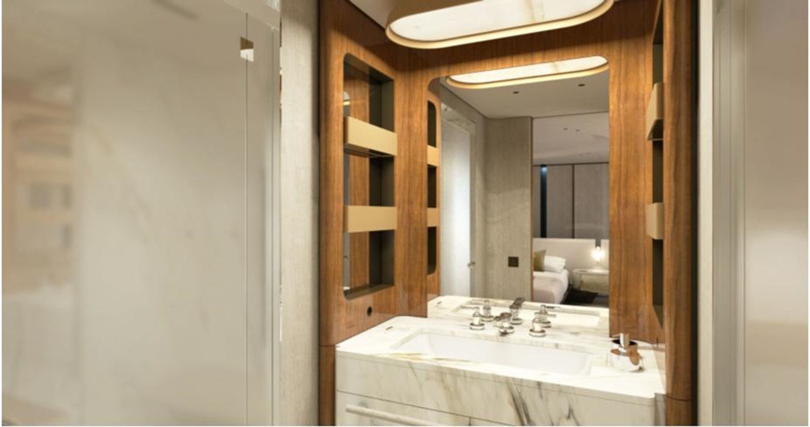 a bathroom with a large mirror aboard COOL Yacht for Sale