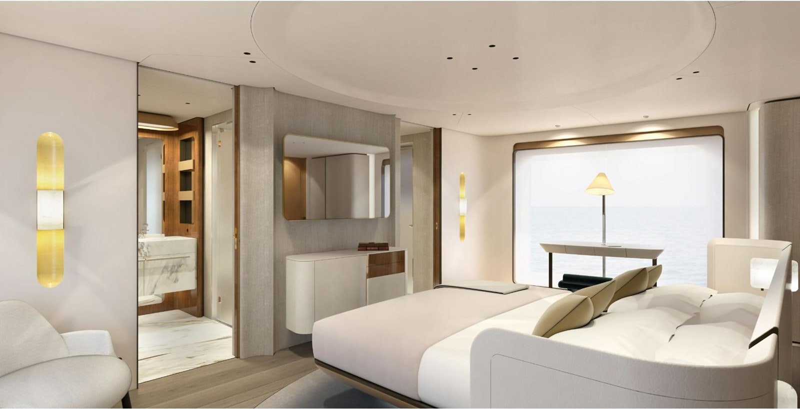 a room with a bed and a desk aboard COOL Yacht for Sale