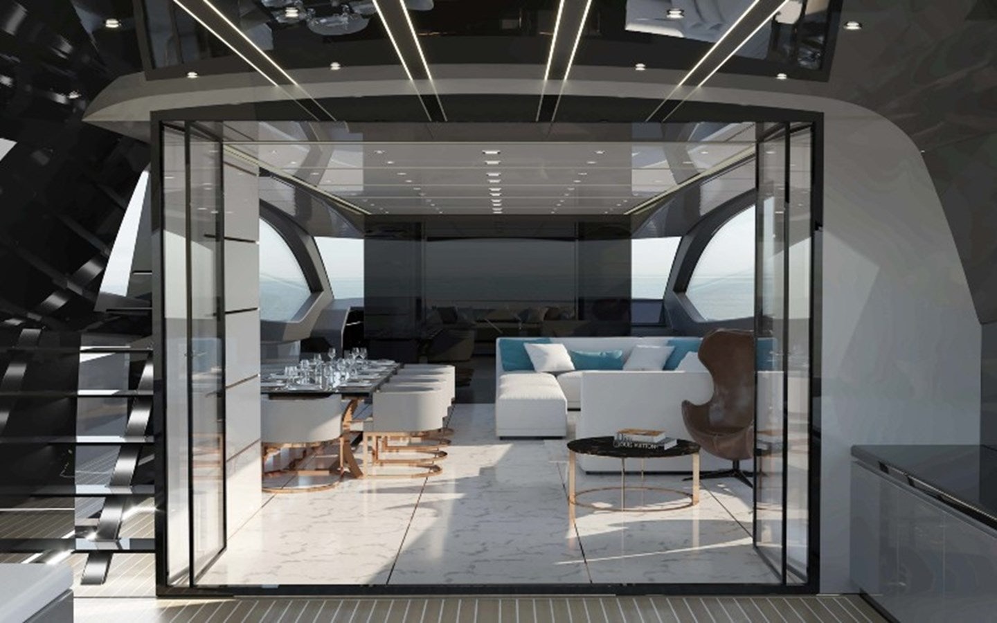 a room with a glass wall aboard OTAM CUSTOM RANGE 115 Yacht for Sale