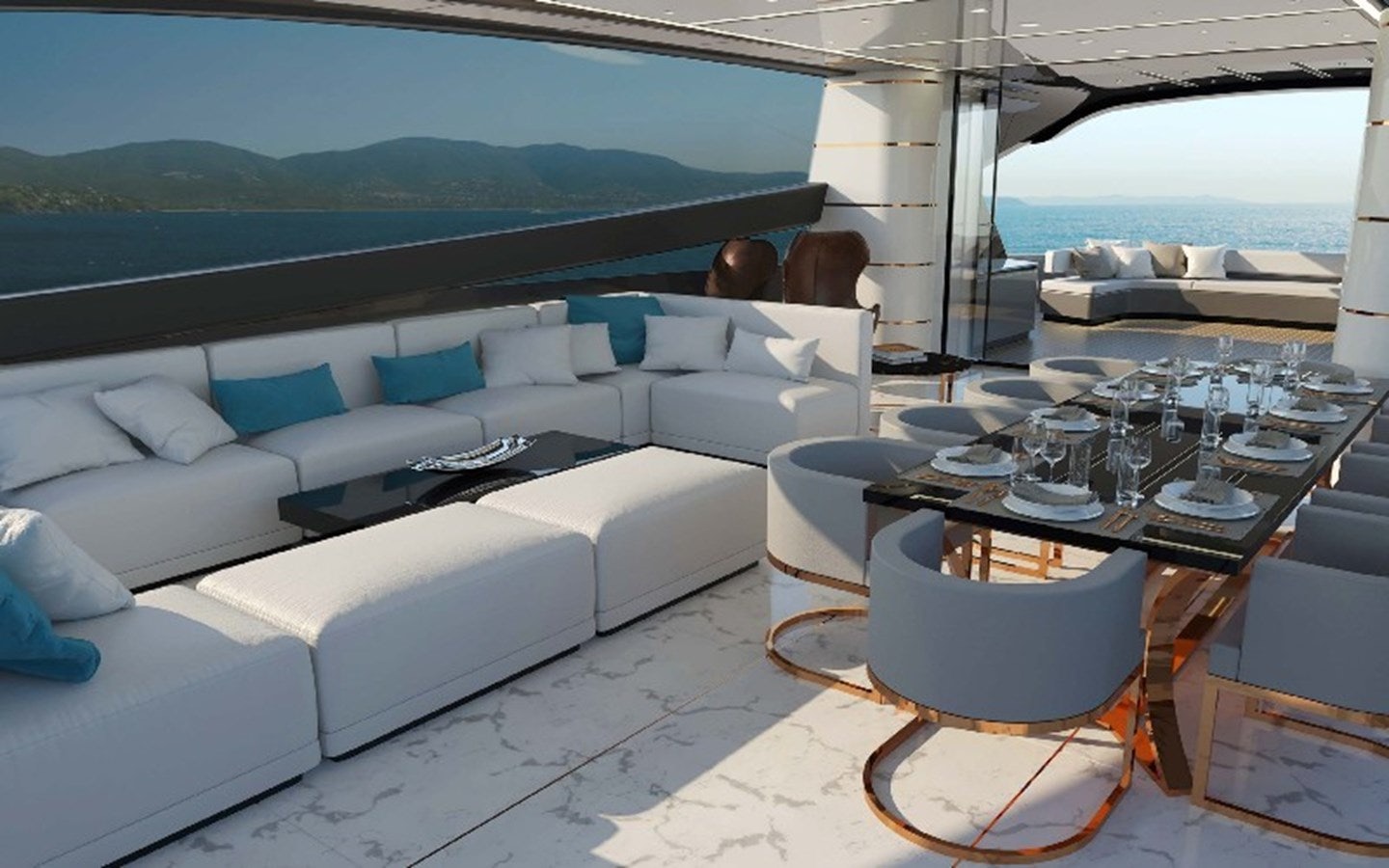 a room with a couch and a table with chairs aboard OTAM CUSTOM RANGE 115 Yacht for Sale