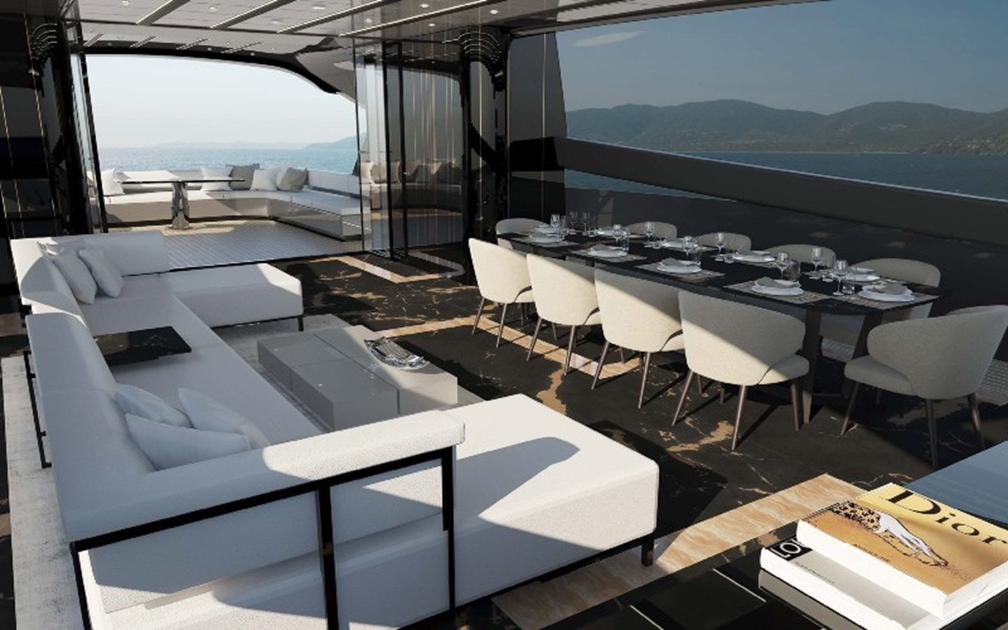 a room with a table chairs and a large window aboard OTAM CUSTOM RANGE 115 Yacht for Sale