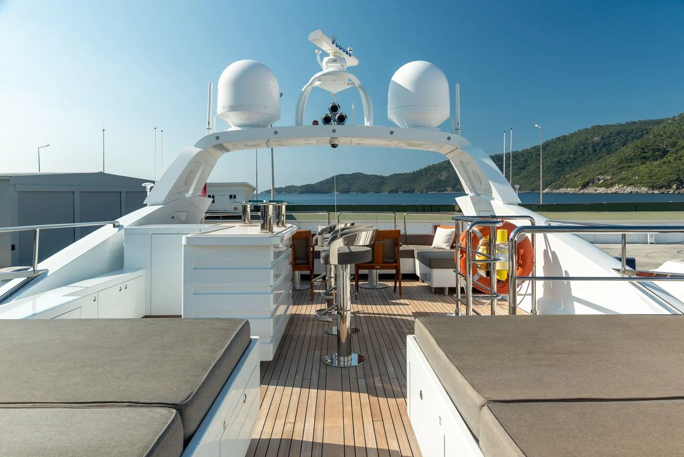 a large white building with a satellite dish on top aboard ASYA Yacht for Sale