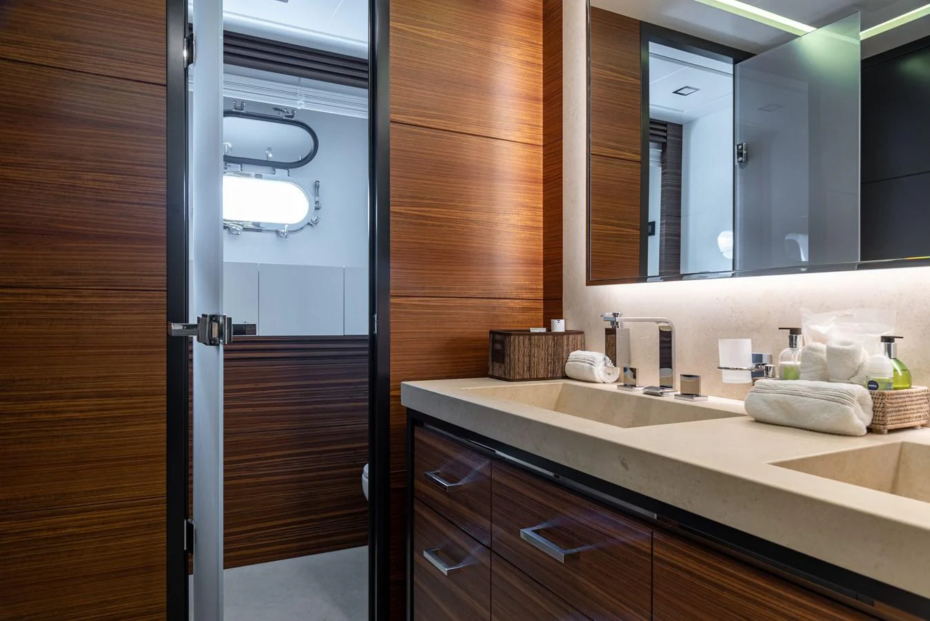 a bathroom with a sink and a mirror aboard ASYA Yacht for Sale
