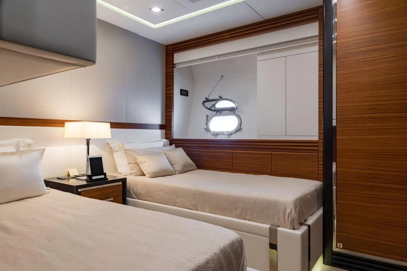 a room with two beds aboard ASYA Yacht for Sale
