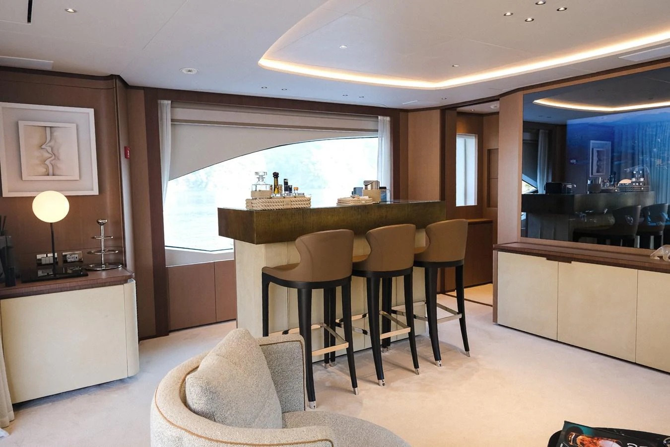 a kitchen with a large window aboard SUNRISE Yacht for Sale