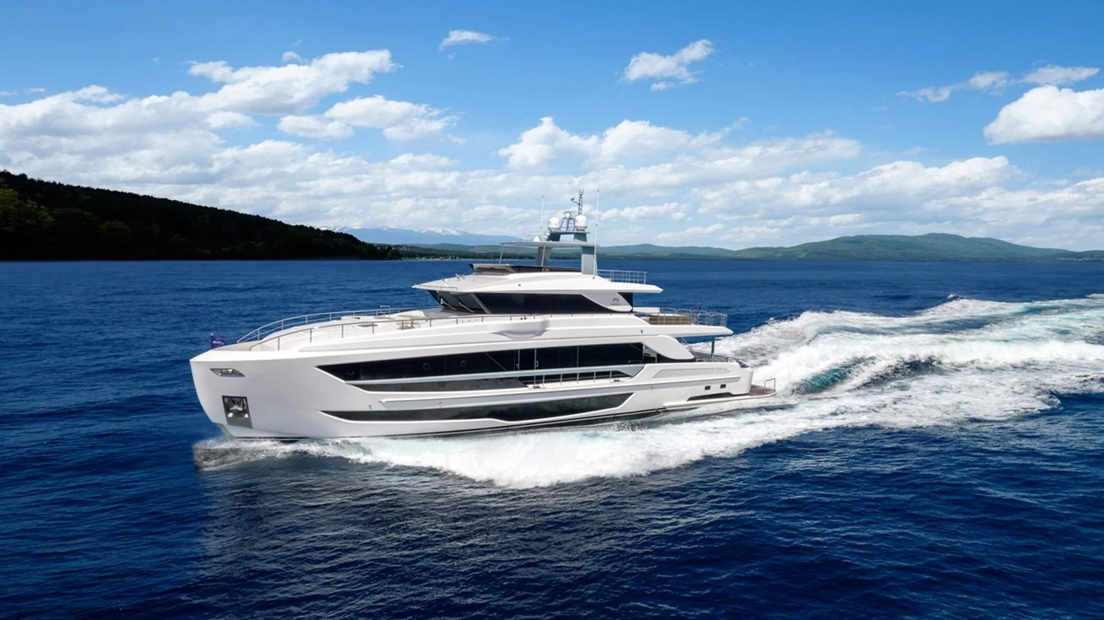 a white yacht on water aboard HORIZON FD110 TRI-DECK / DELIVERY EARLY 2024 Yacht for Sale